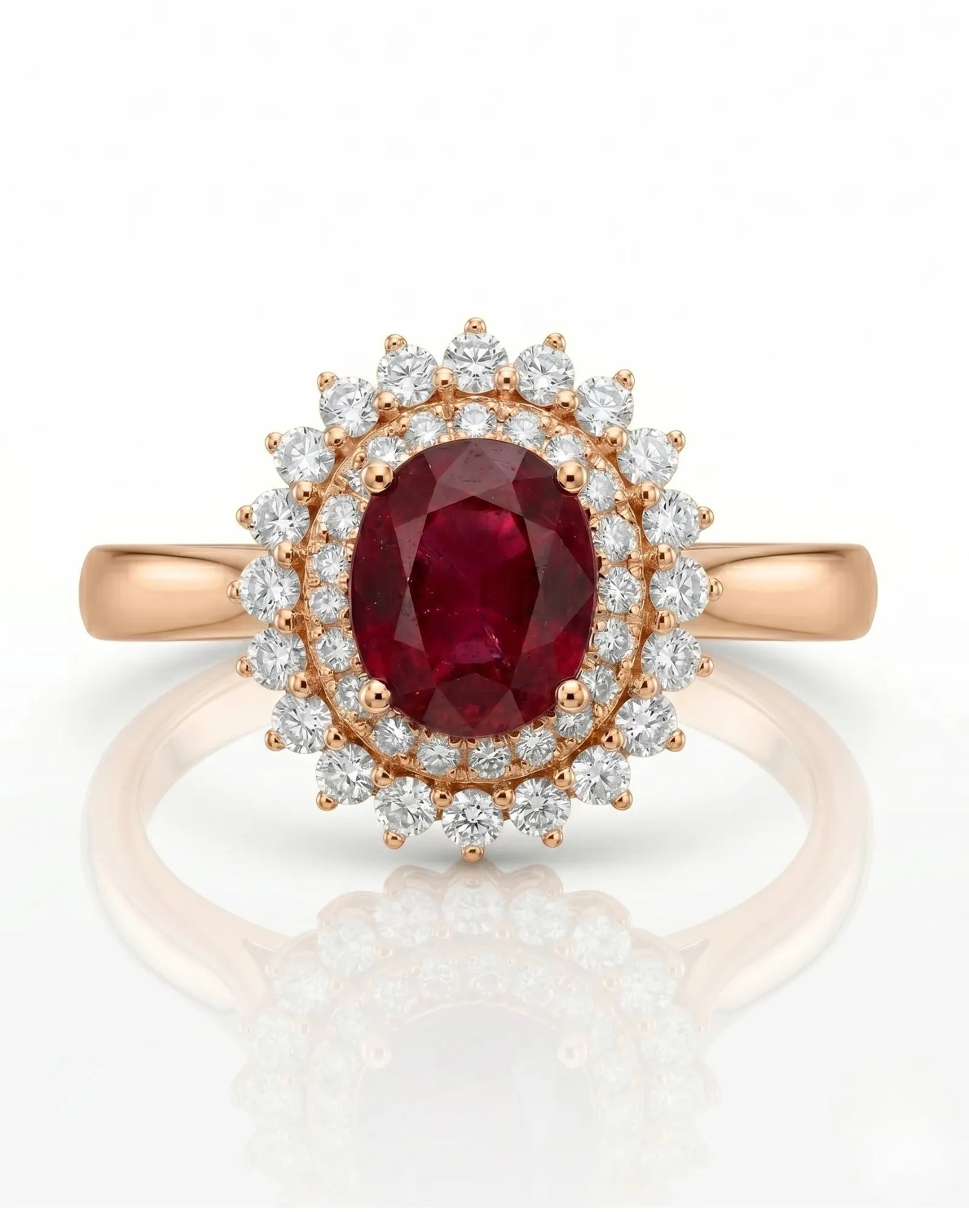 Classic ruby ring with round diamond halo and floral design in Rose gold | SARATTI