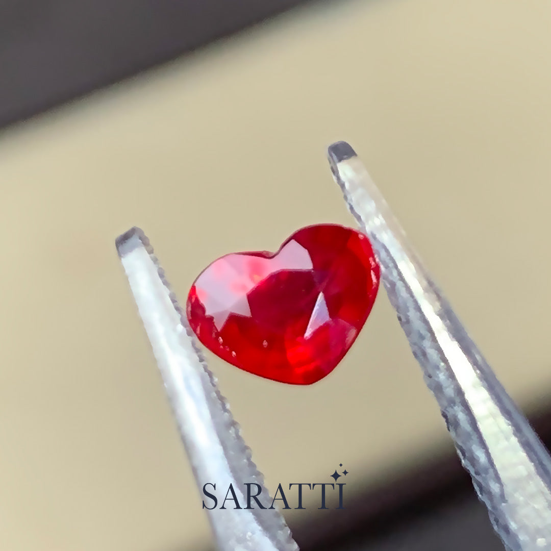 Close-up of 0.77 carat Natural ruby heart modified brilliant | SARATTI