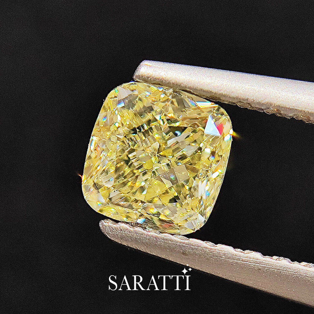 Close-up of 1.01 carat Natural Fancy Light Yellow cushion diamond | SARATTI  