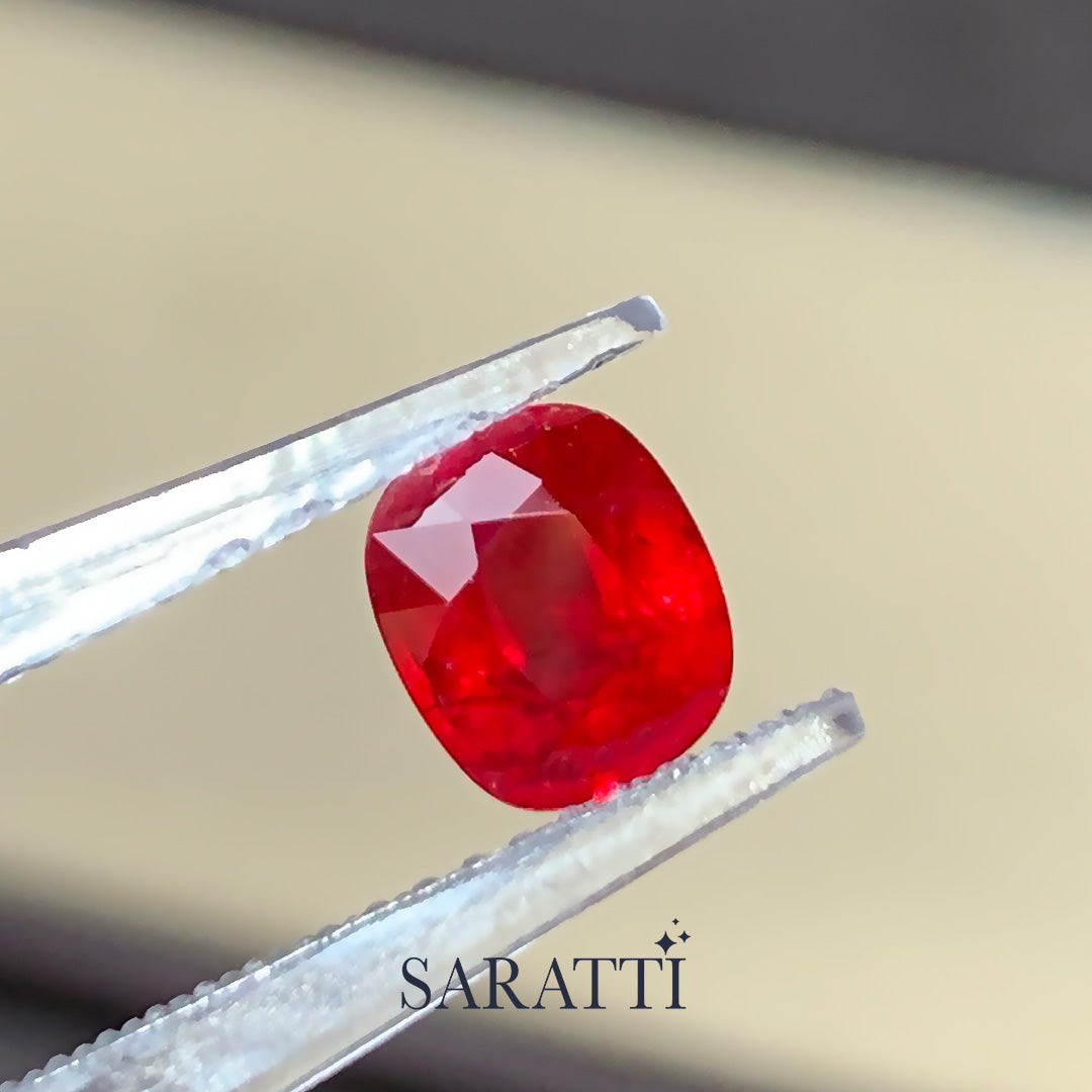 Close-up of 1.31 carat Natural ruby cushion modified brilliant | SARATTI