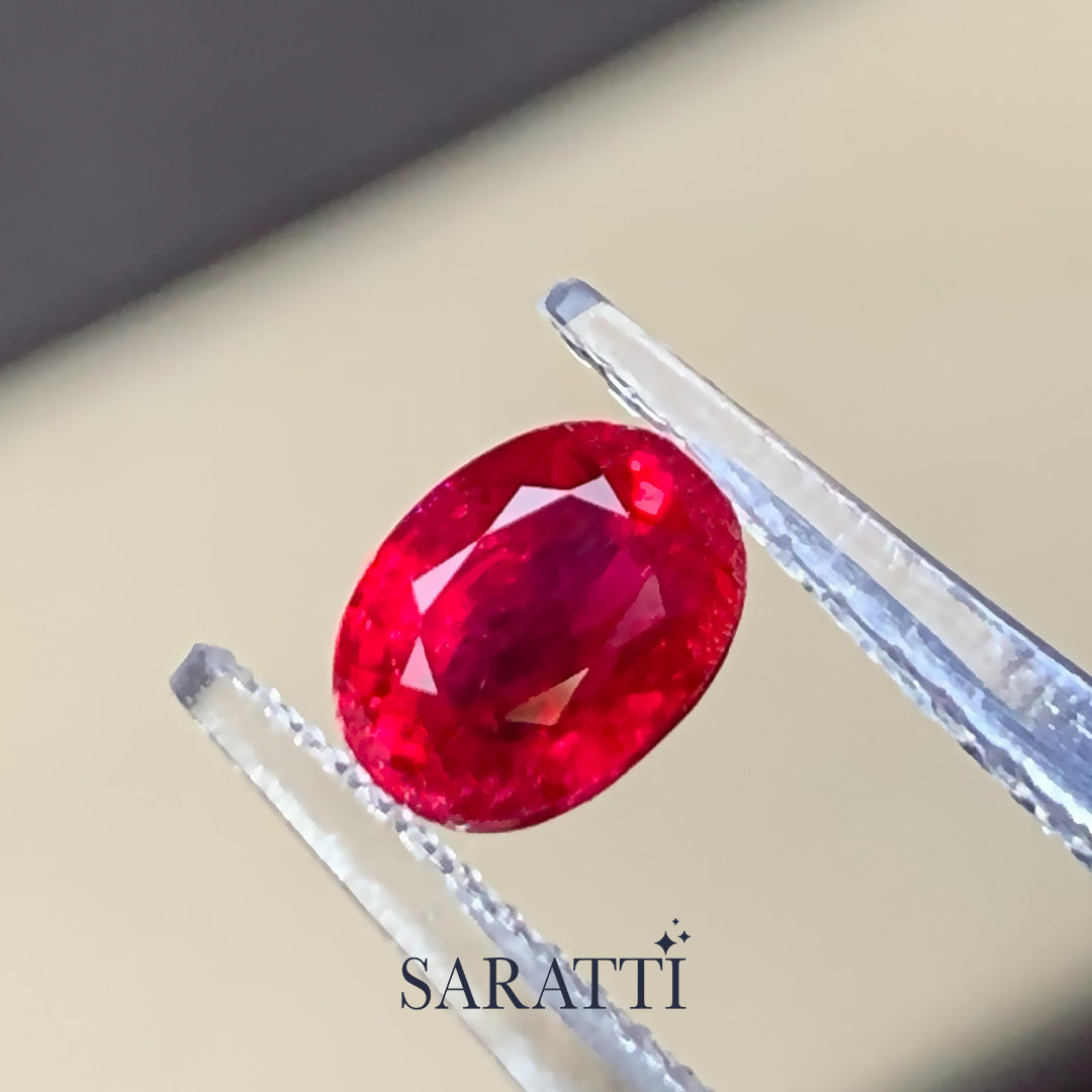 Close-up of 1.31 carat Natural ruby oval modified brilliant | SARATTI