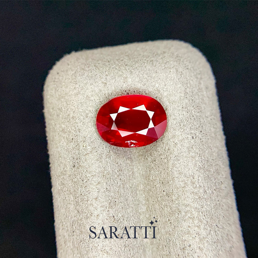 Close-up of 1.47 carat Untreated Natural ruby oval cut | SARATTI 