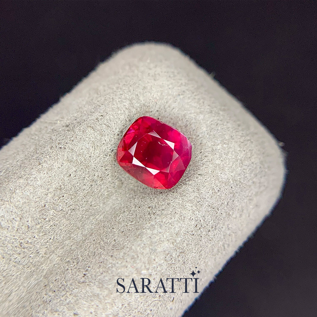 Close-up of 1.49 carat unheated ruby vivid red tone | SARATTI  