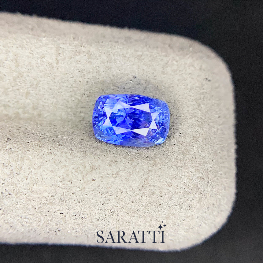 Close-up of 1.51 carat Unheated Natural sapphire cushion mixed cut | SARATTI  