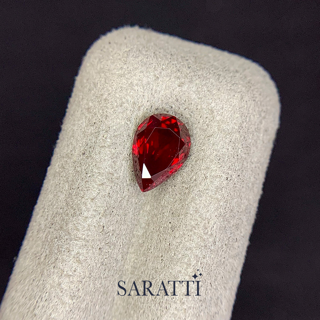 Close-up of 1.54 carat Untreated Natural ruby pear shape | SARATTI 