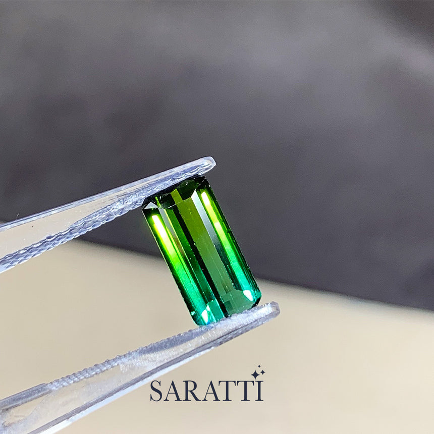  Close-up of 1.83 carat Natural tourmaline emerald cut step faceting | SARATTI