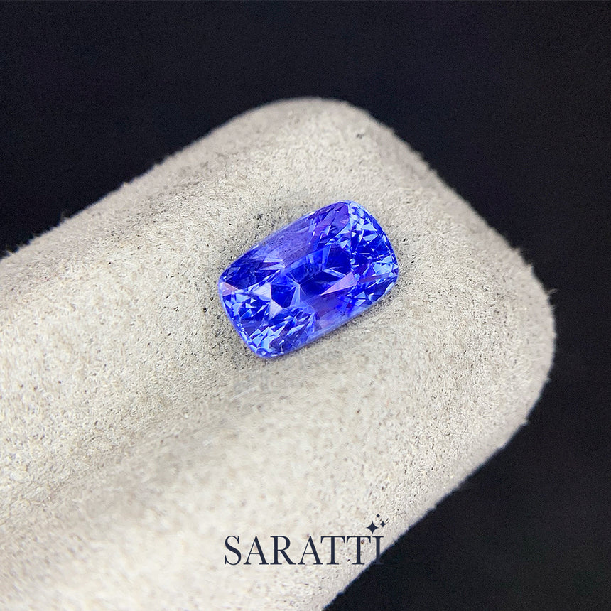 Close-up of 2.09 carat Unheated Natural sapphire cushion faceted | SARATTI  