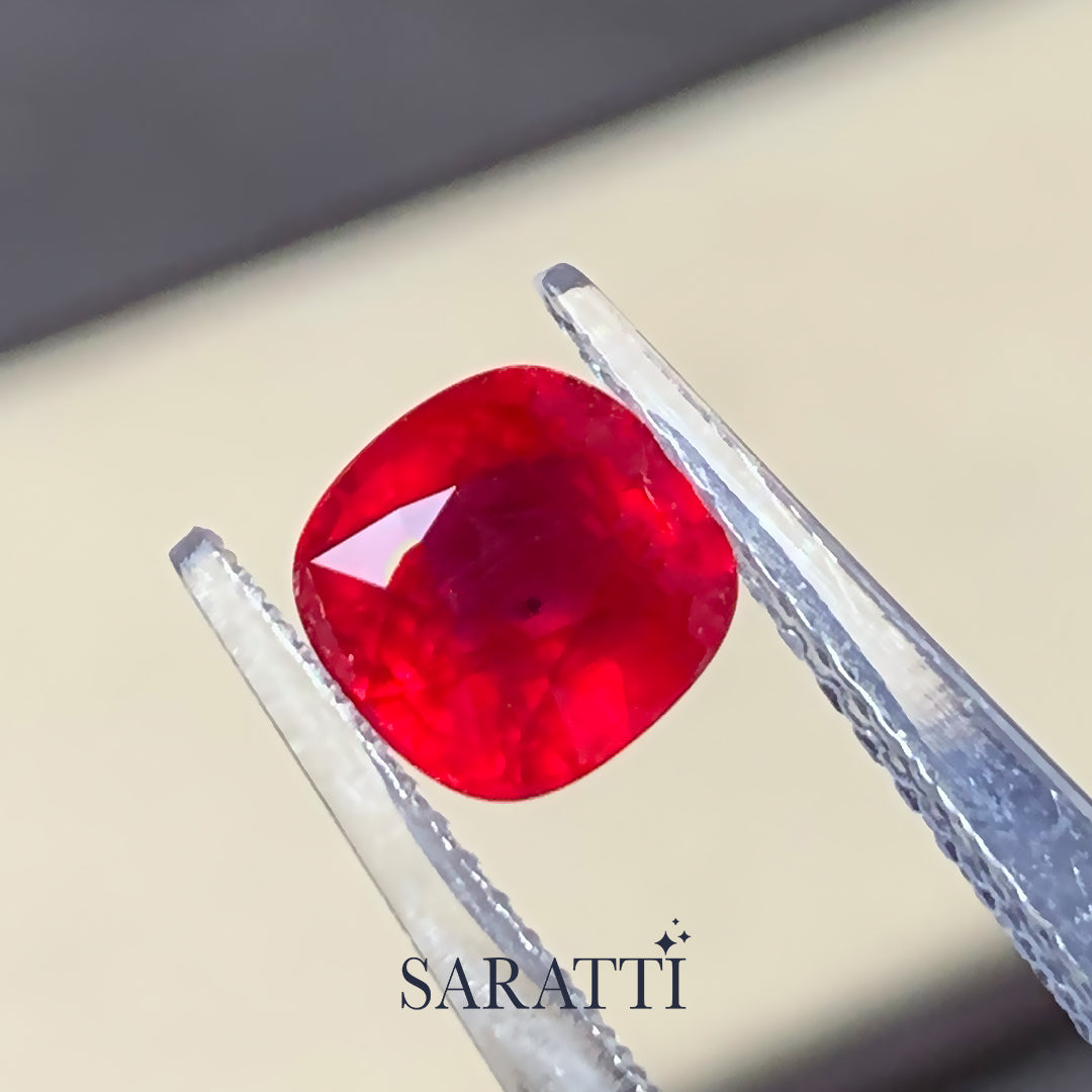 Close-up of 2.36 carat Natural ruby cushion modified brilliant | SARATTI