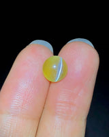 Close-up of 3.06 carat round Honey Color Cat's-Eye Chrysoberyl showing a concentrated chatoyant band under directional light