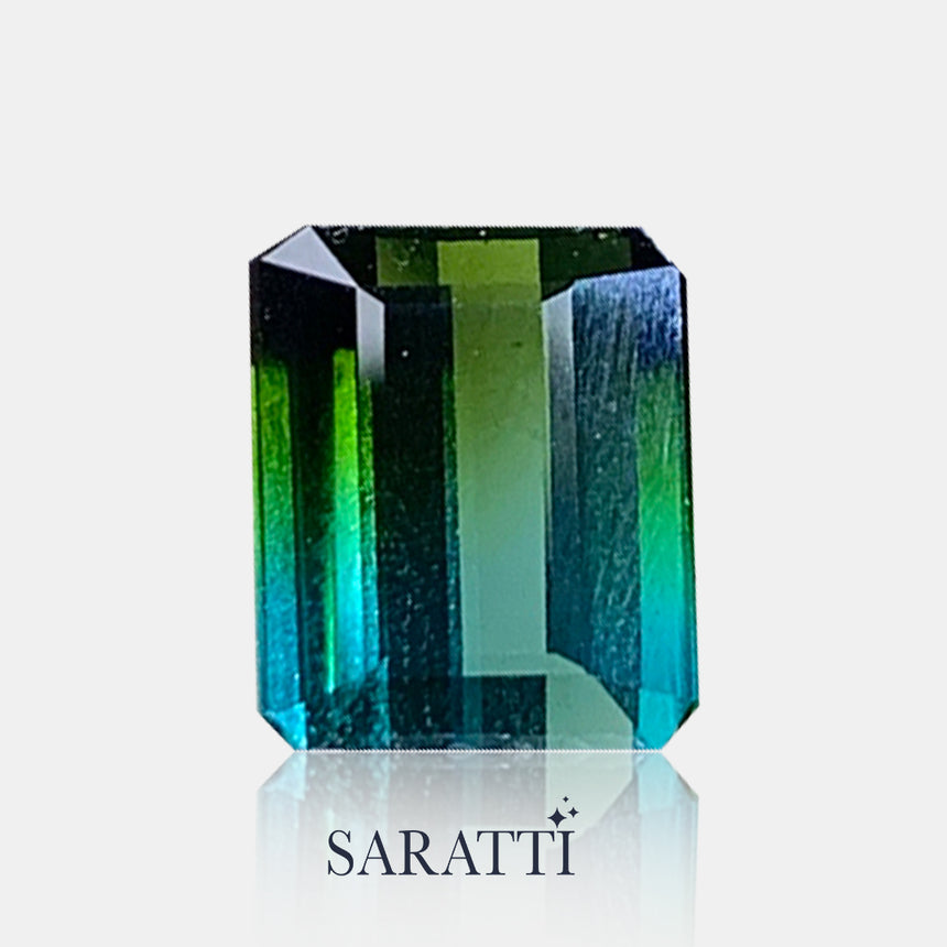 Close-up of 4.13 carat Natural bi-color tourmaline step cut | SARATTI