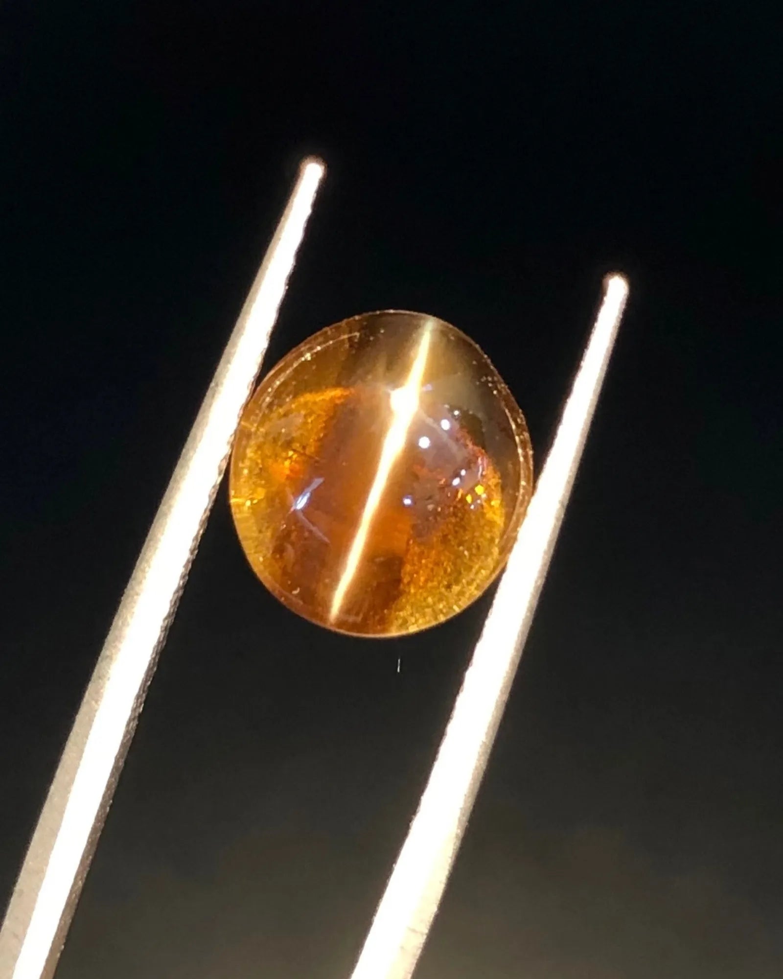 Close-up of 5.00 carat oval Cat's-Eye Chrysoberyl showing a concentrated central light band across its brown body