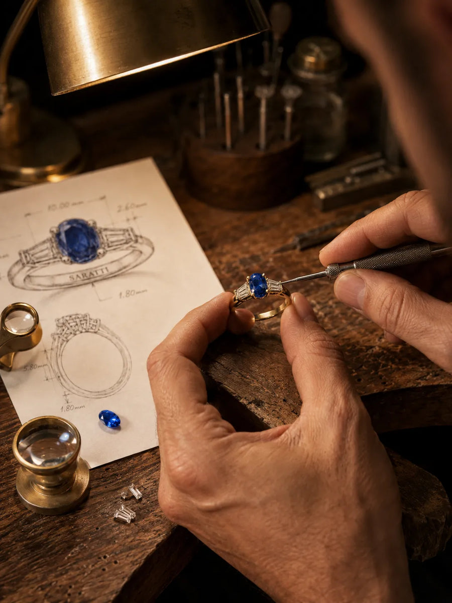 SARATTI artisan hand-setting an oval blue sapphire into a gold ring with diamond side stones at the jeweler’s bench