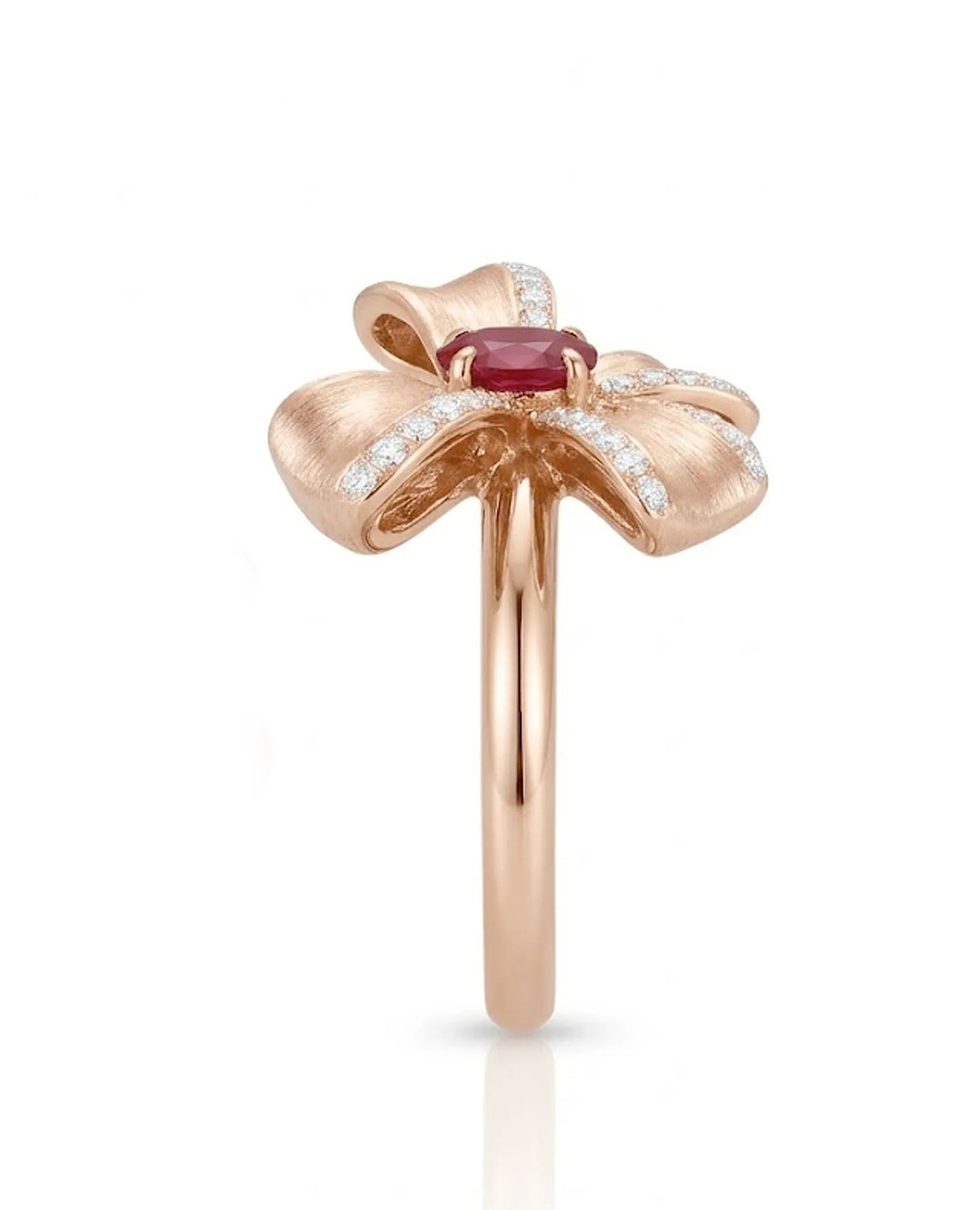 Close up natural ruby center stone pigeon blood red with diamond detail rose gold ring | SARATTI