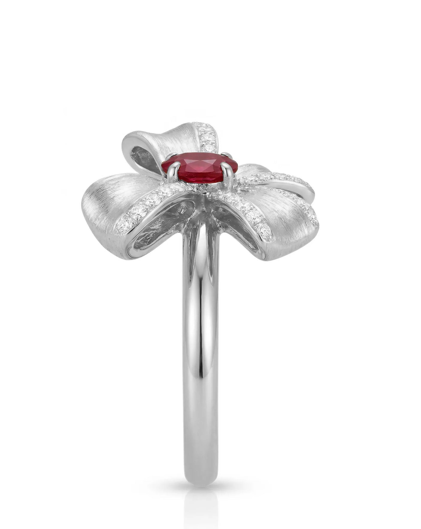 Close up natural ruby center stone pigeon blood red with diamond detail white gold ring | SARATTI
