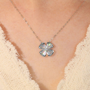 Model wearing White Gold Four Leaf Good Luck Diamond Drop Necklace | Saratti