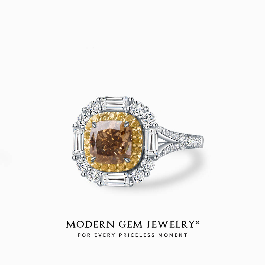 Coffee Diamond Split Shank 18K White Gold Ring | Modern Gem Jewelry