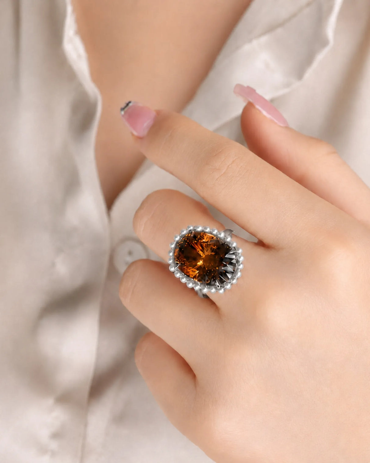 Collector-style statement ring featuring natural Imperial Topaz, pearl halo, and premium platinum - SARATTI