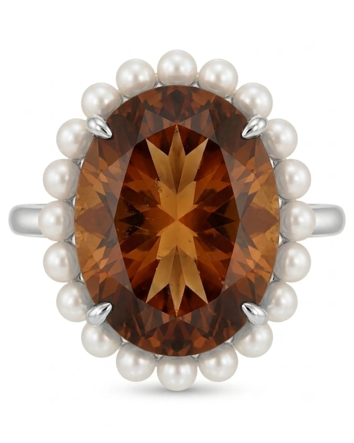 Collector-style statement ring featuring natural Imperial Topaz, pearl halo, and premium platinum | SARATTI