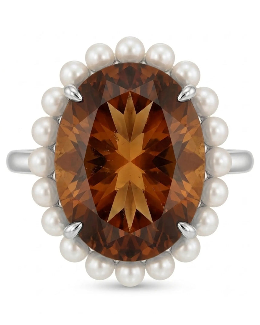 Collector-style statement ring featuring natural Imperial Topaz, pearl halo, and premium platinum | SARATTI