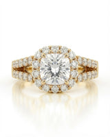 Colorless cushion moissanite framed by round stones with a coordinating yellow gold eternity band | SARATTI