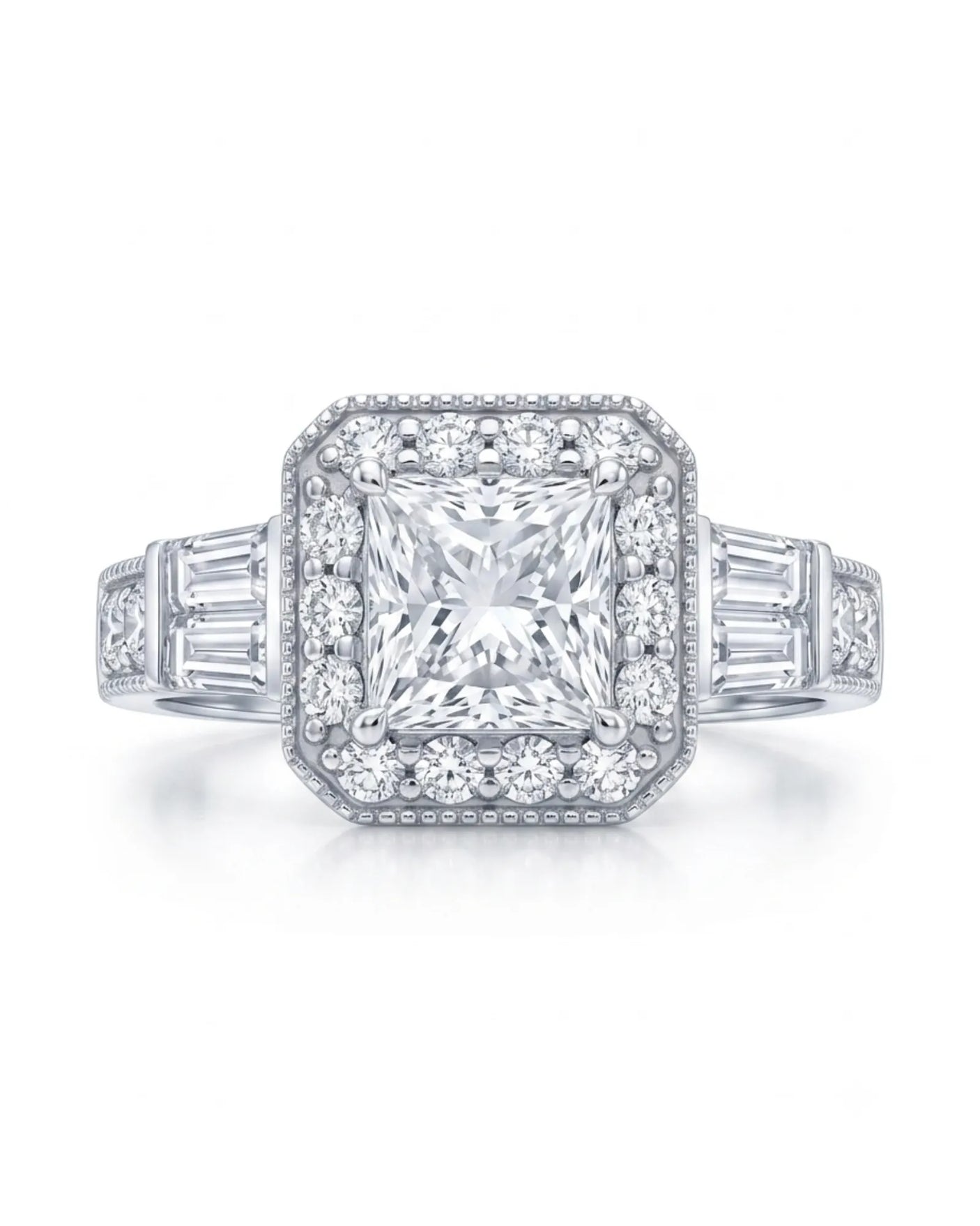 Colorless princess-cut moissanite framed by round and baguette accents in white gold | SARATTI