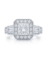 Colorless princess-cut moissanite framed by round and baguette accents in white gold | SARATTI
