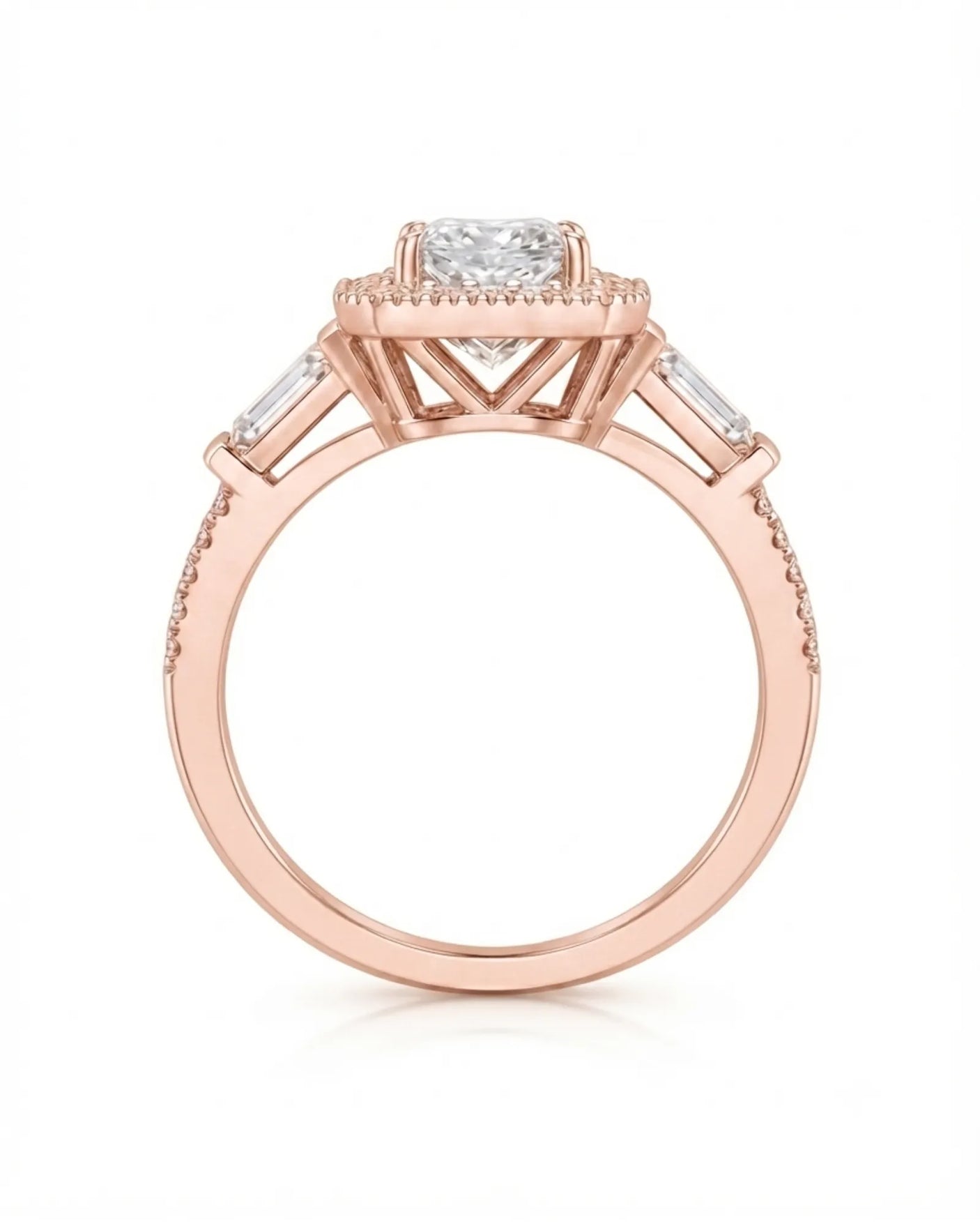Colorless princess-cut moissanite framed by round stones in warm rose gold | SARATTI