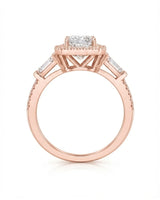 Colorless princess-cut moissanite framed by round stones in warm rose gold | SARATTI