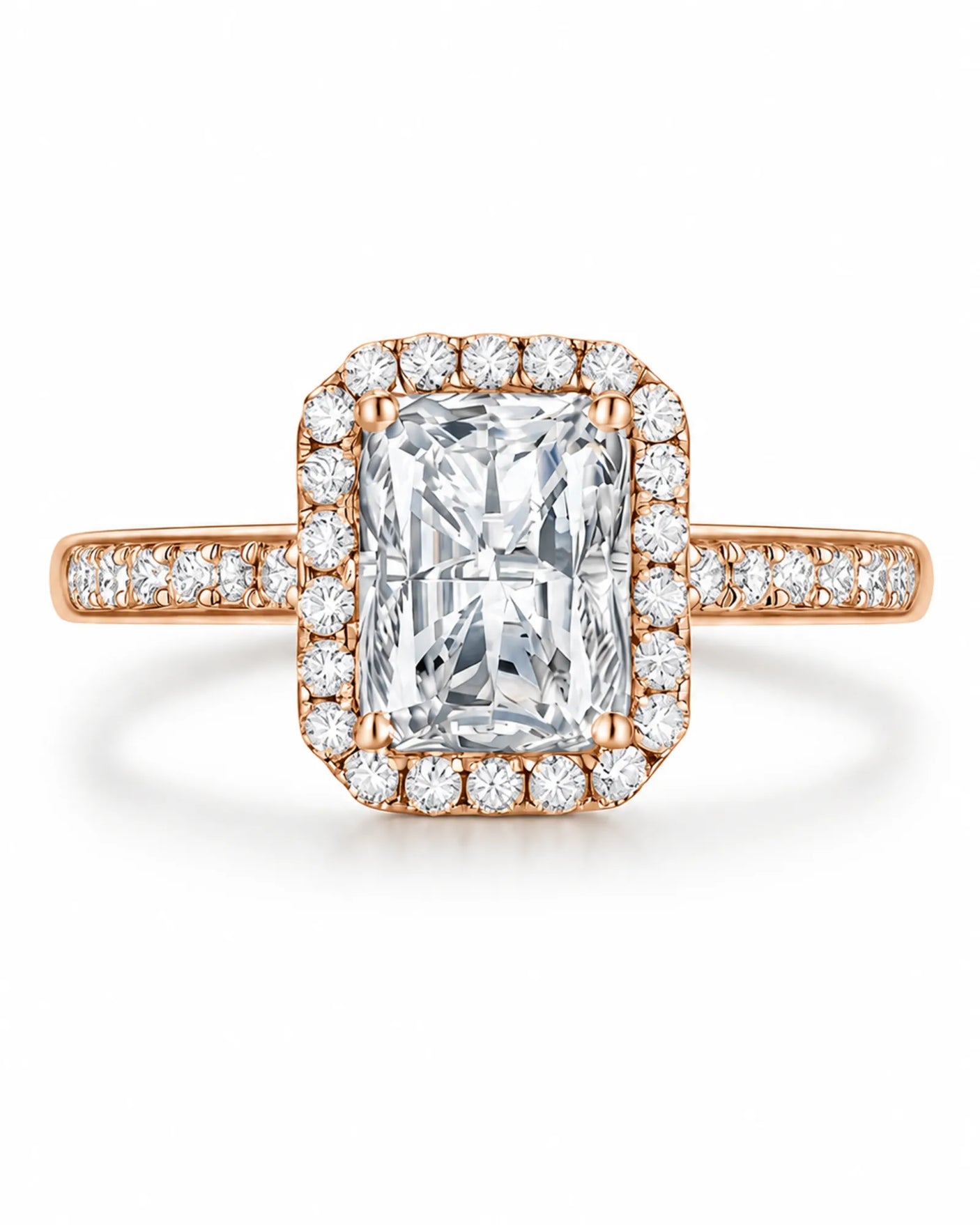 Colorless radiant-cut moissanite surrounded by round accents in romantic rose gold | SARATTI