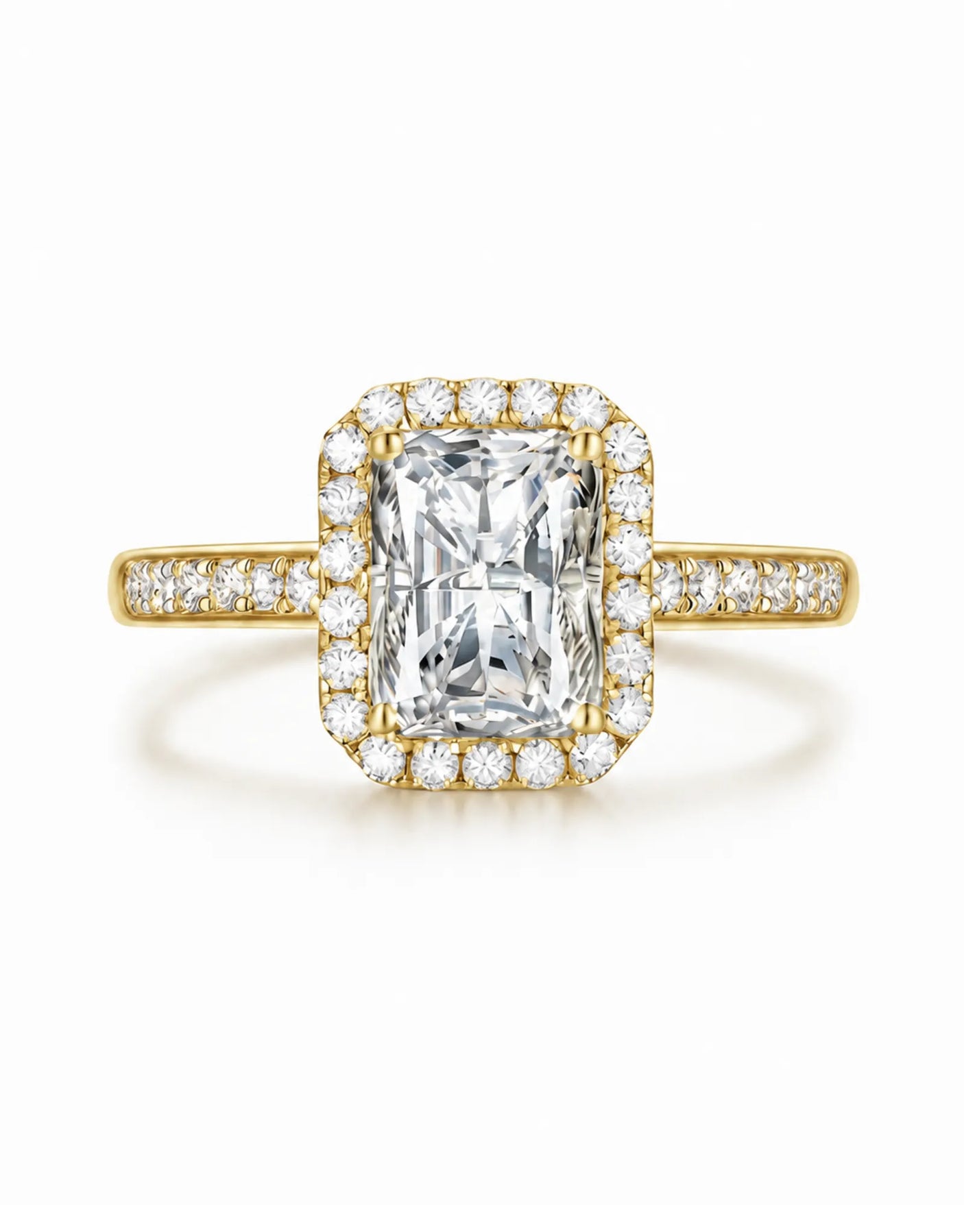 Colorless radiant-cut moissanite surrounded by round accents in warm yellow gold | SARATTI