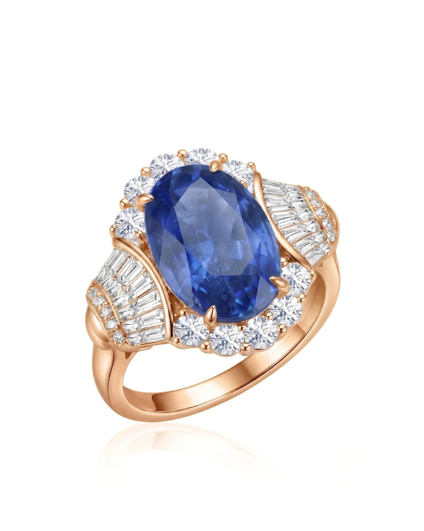 Cornflower blue sapphire ring with diamond halo and baguette shoulders in 18K rose gold | SARATTI