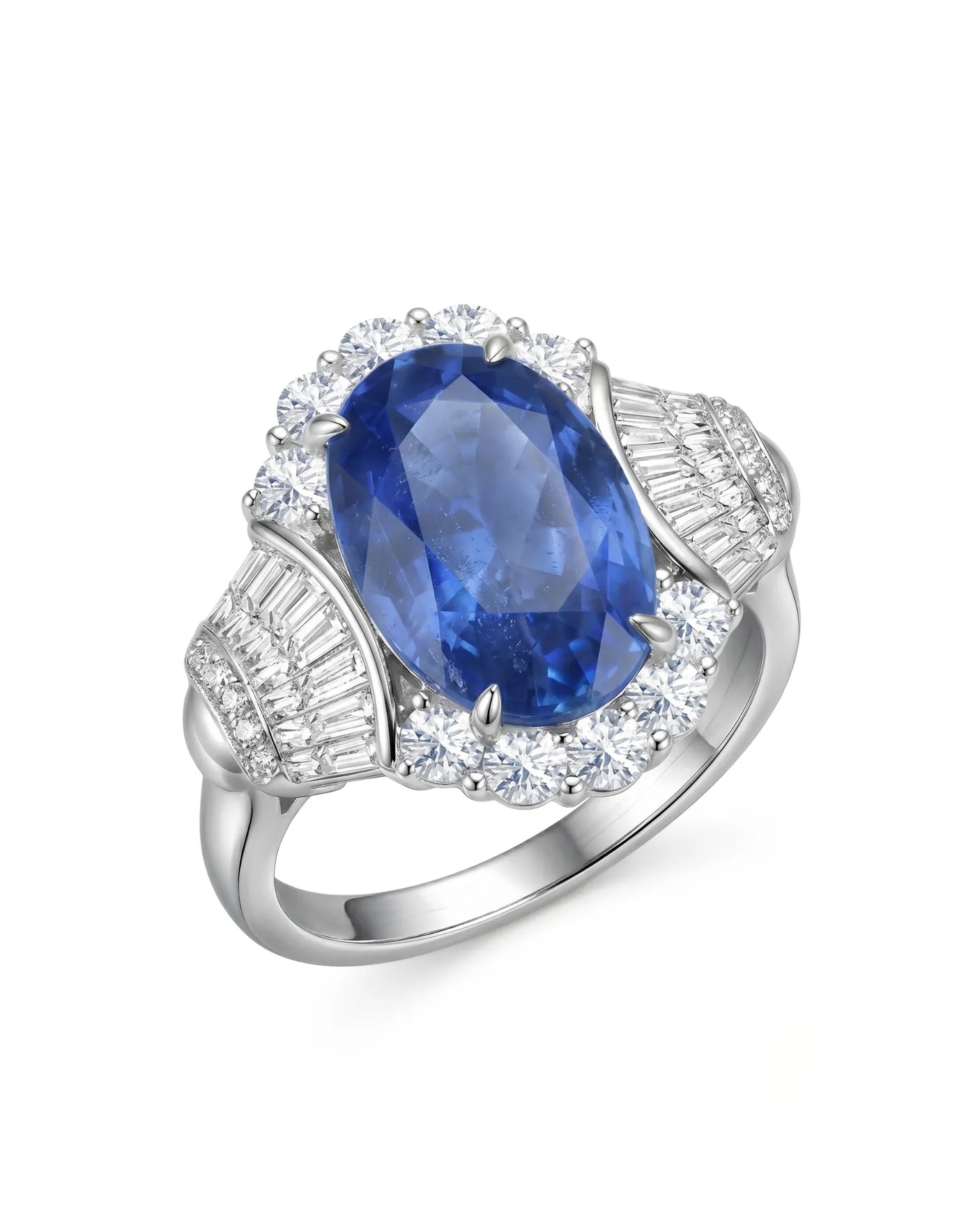 Cornflower blue sapphire ring with diamond halo and baguette shoulders in 18K white gold | SARATTI