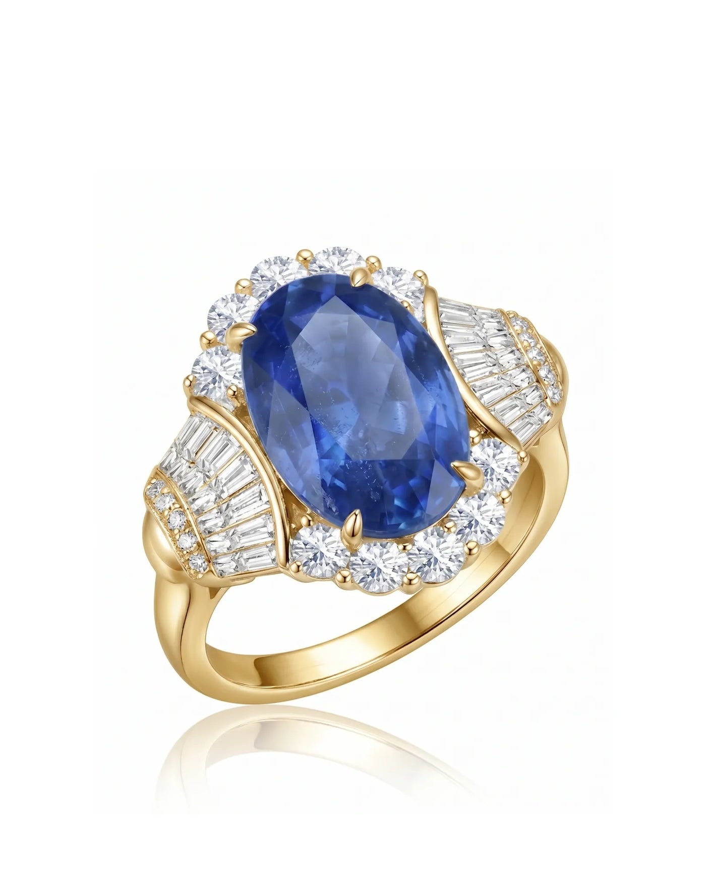 Cornflower blue sapphire ring with diamond halo and baguette shoulders in 18K yellow gold | SARATTI