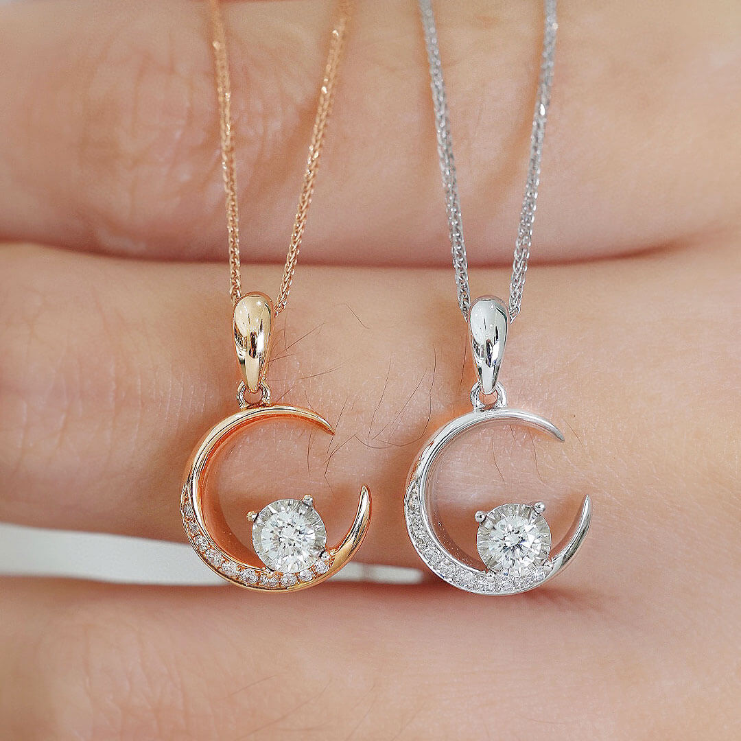 White and Rose Gold Crescent Diamond Chain Necklace | Saratti