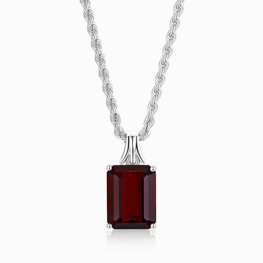 Crimson Knight Garnet Necklace in 18K White Gold with natural red emerald-cut garnet pendant | SARATTI