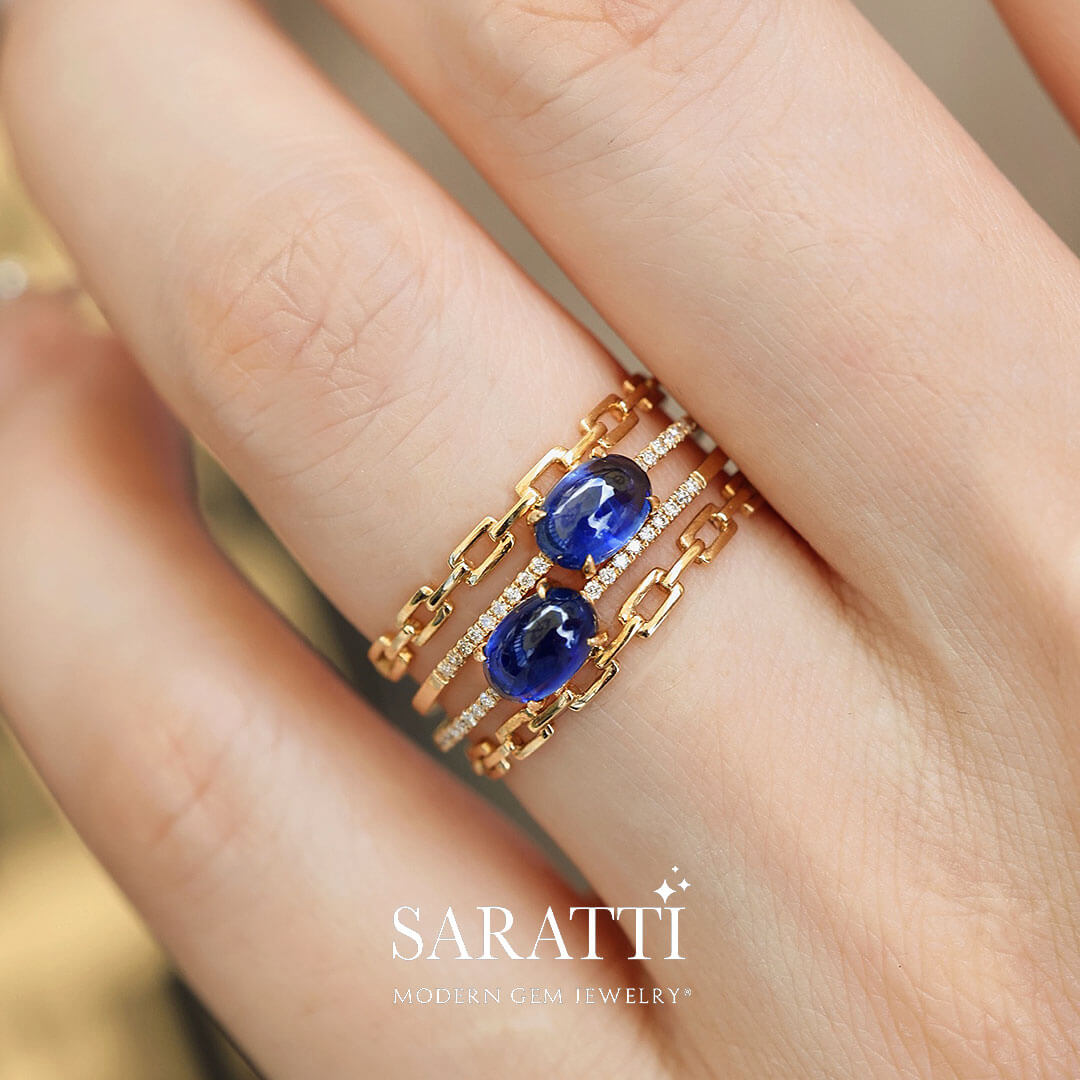 Gold Cuban Chain Ring with Oval Natural Sapphire | Modern Gem Jewelry | Saratti