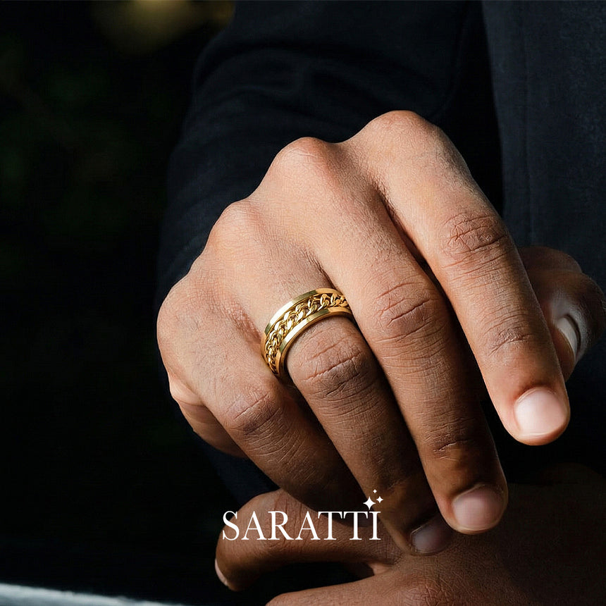 Curb chain men’s wedding band 18k yellow gold apex chain band | SARATTI