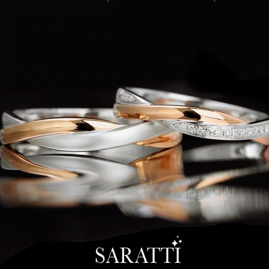 His & Hers White and Rose Gold Wedding Rings, Matching Sets For Groom and Bride Infinity Wedding Sets| Saratti
