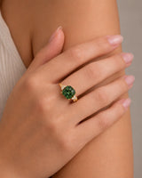 Cushion-cut green tourmaline ring with round diamond accents in polished 18K yellow gold | SARATTI