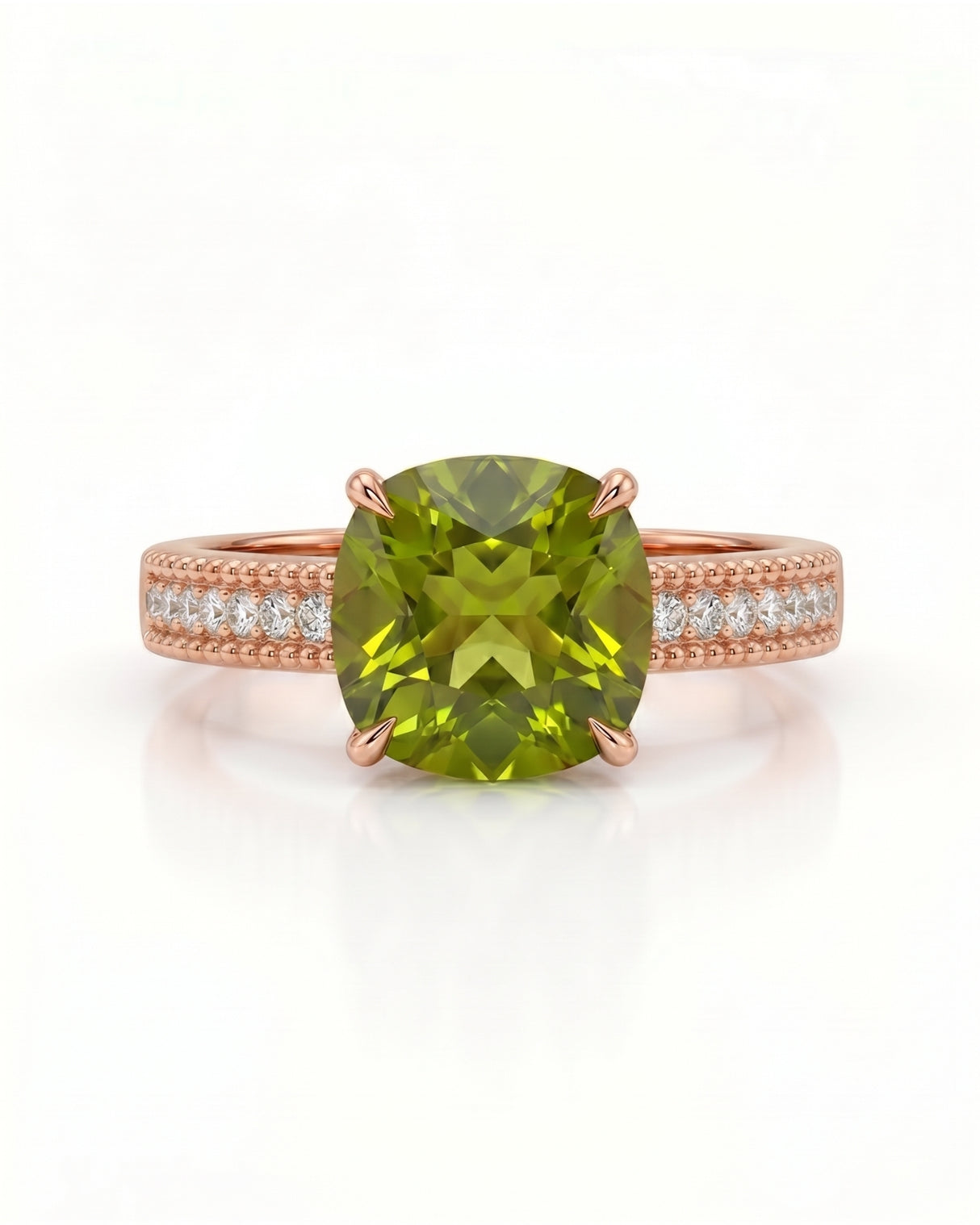 Cushion-cut tourmaline diamond accent ring with structured band in 18K Rose Gold | SARATTI