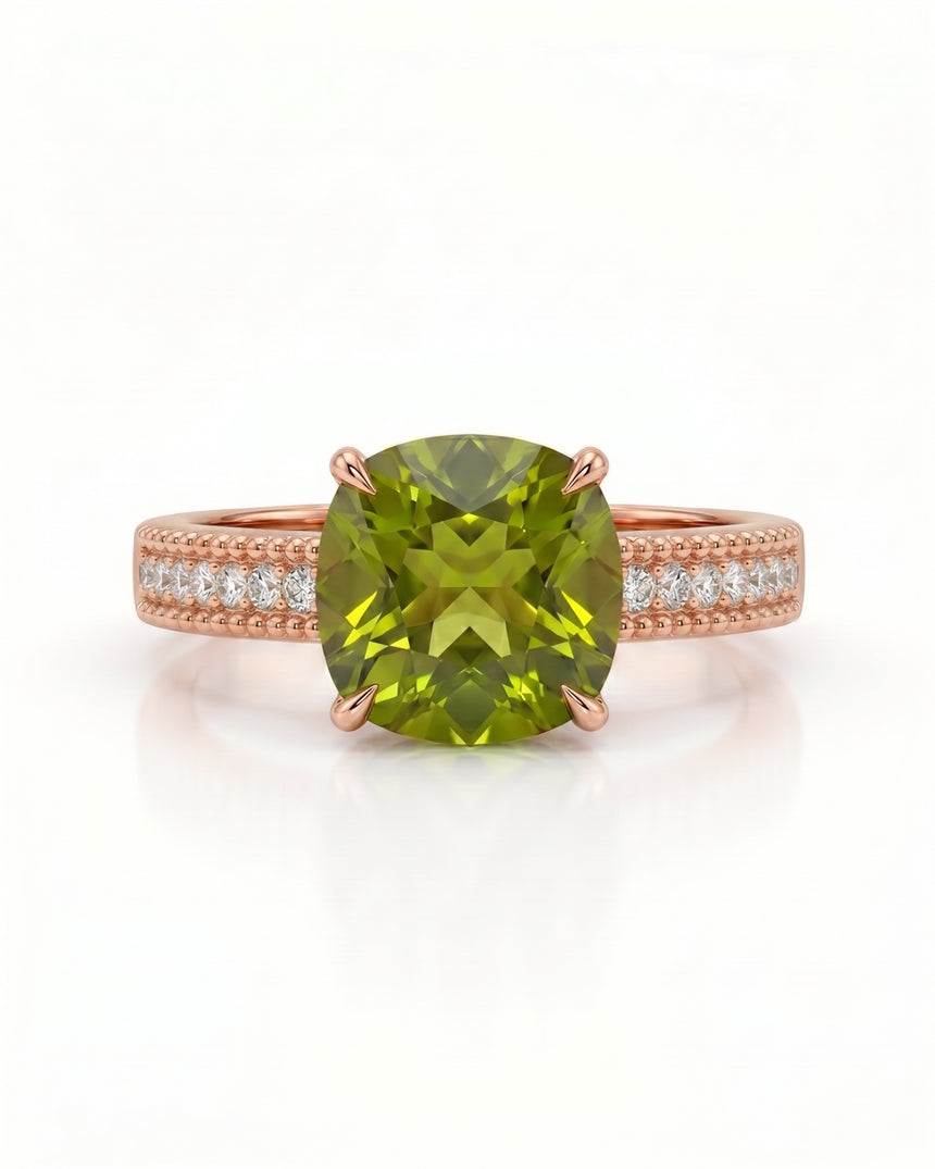 Cushion-cut tourmaline diamond accent ring with structured band in 18K Rose Gold | SARATTI