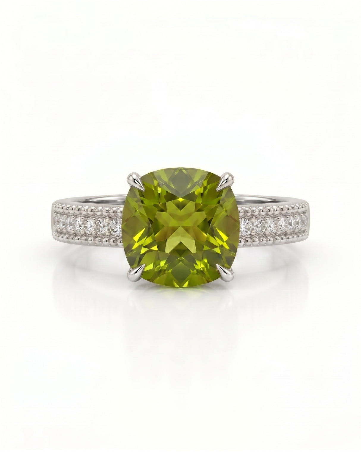 Cushion-cut tourmaline diamond accent ring with structured band in polished Platinum | SARATTI