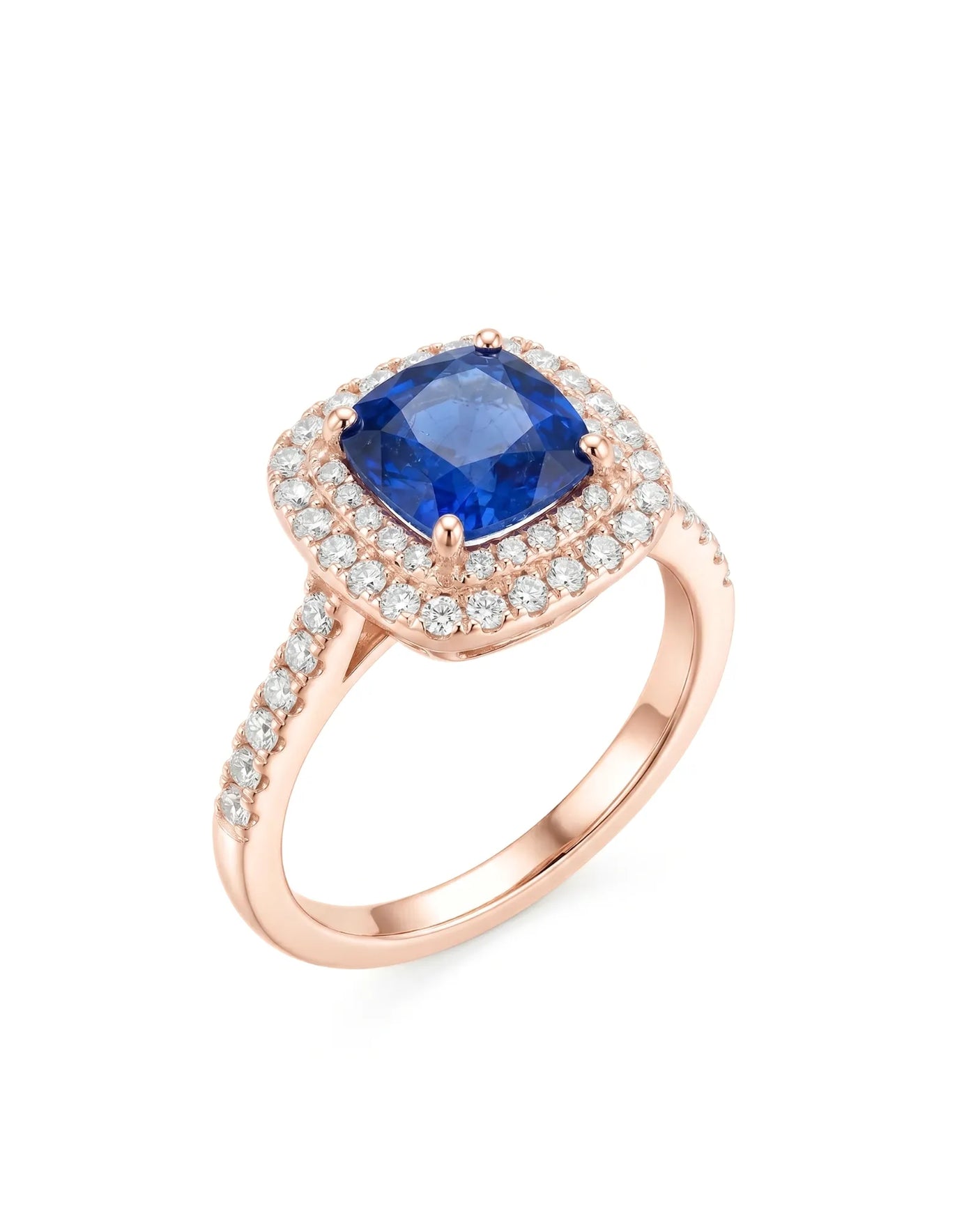 Cushion blue sapphire ring with double diamond halo in 18K rose gold | SARATTI