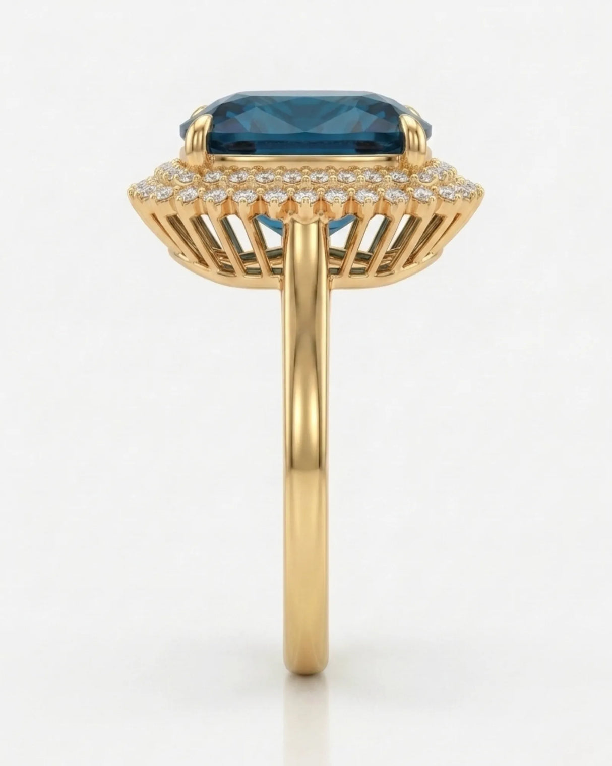 Cushion blue tourmaline ring with round brilliant diamonds and polished yellow gold setting | SARATTI