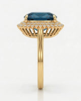 Cushion blue tourmaline ring with round brilliant diamonds and polished yellow gold setting | SARATTI