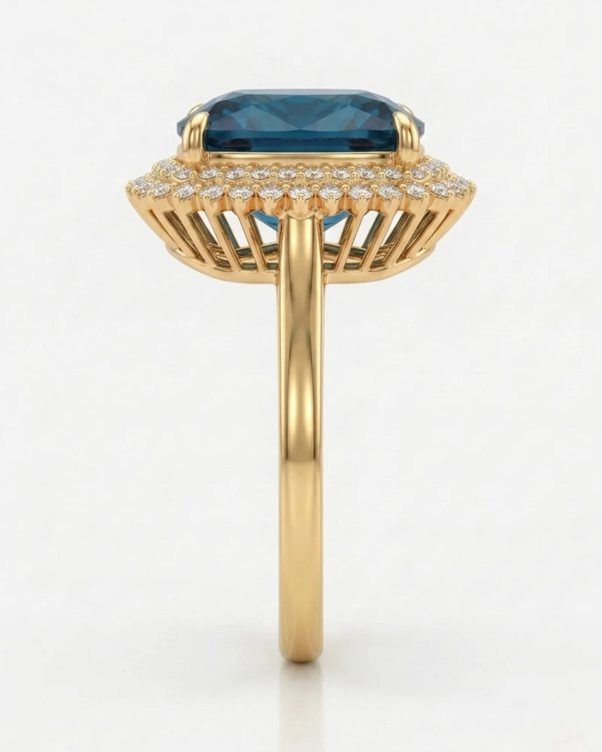 Cushion blue tourmaline ring with round brilliant diamonds and polished yellow gold setting | SARATTI