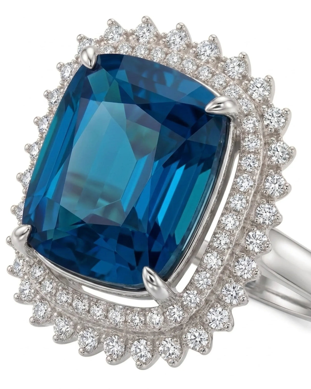 Cushion blue tourmaline ring with round brilliant diamonds and timeless platinum setting | SARATTI