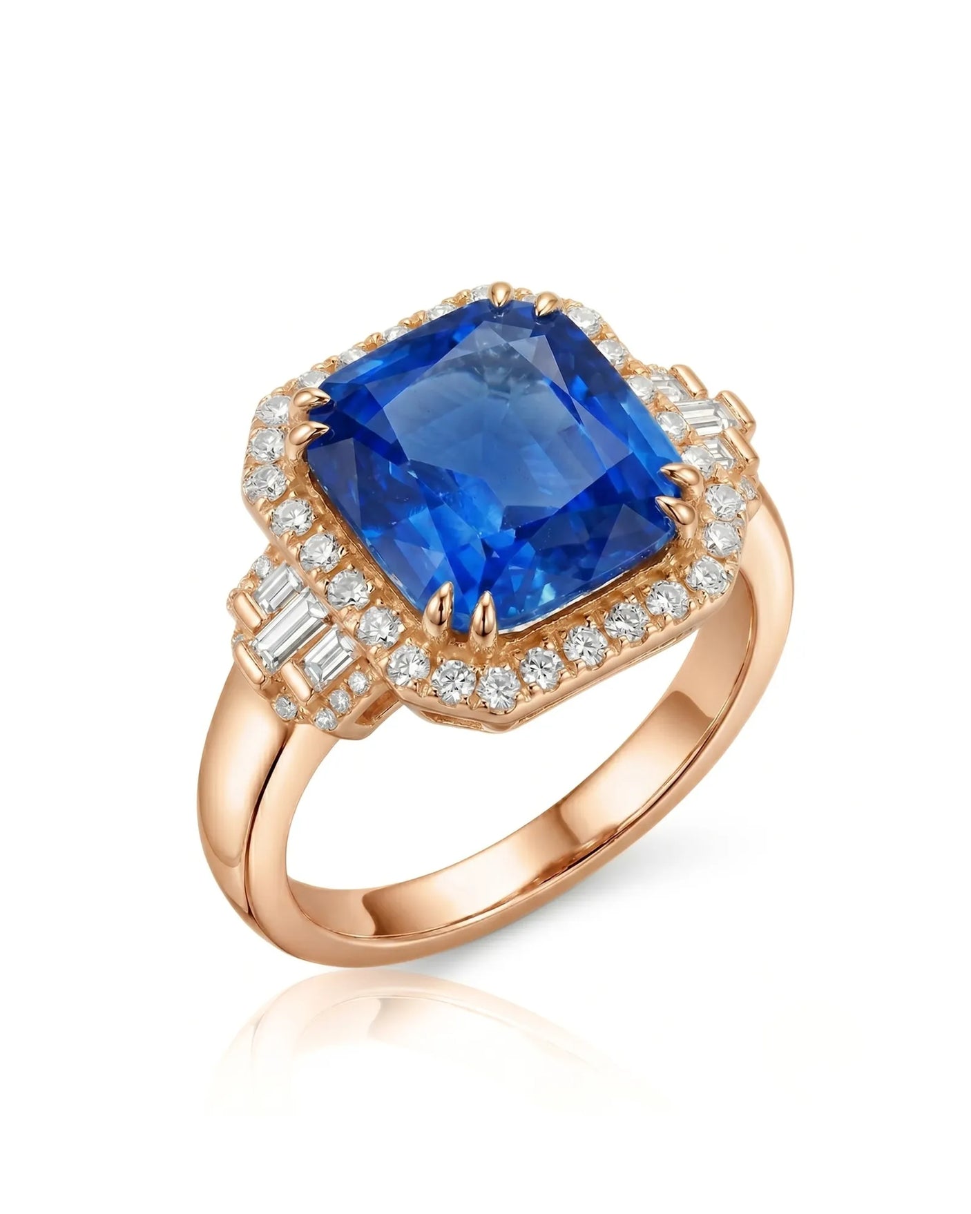 Cushion cut blue sapphire ring with diamond halo and baguette shoulders in 18K rose gold | SARATTI