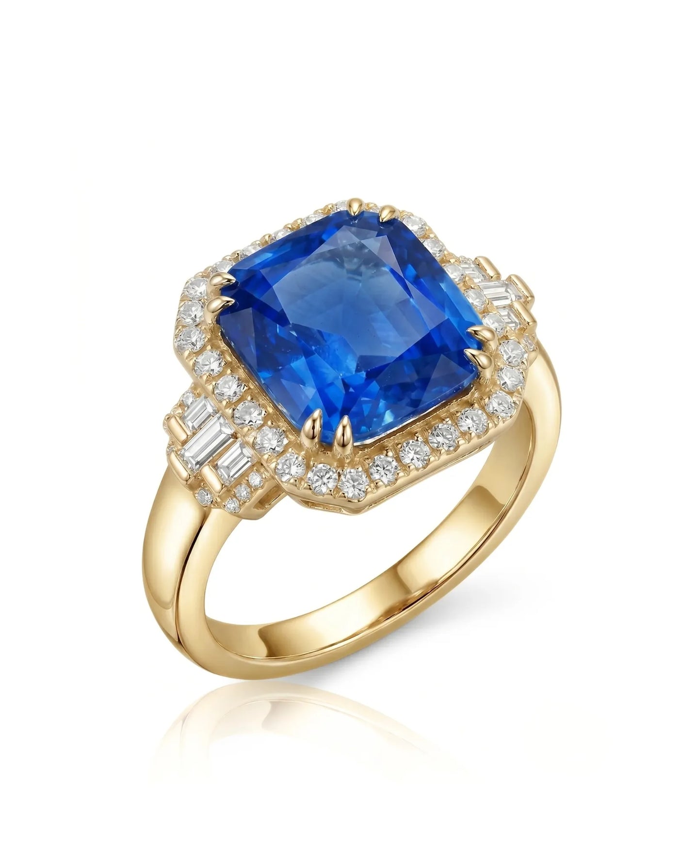 Cushion cut blue sapphire ring with diamond halo and baguette shoulders in 18K yellow gold | SARATTI