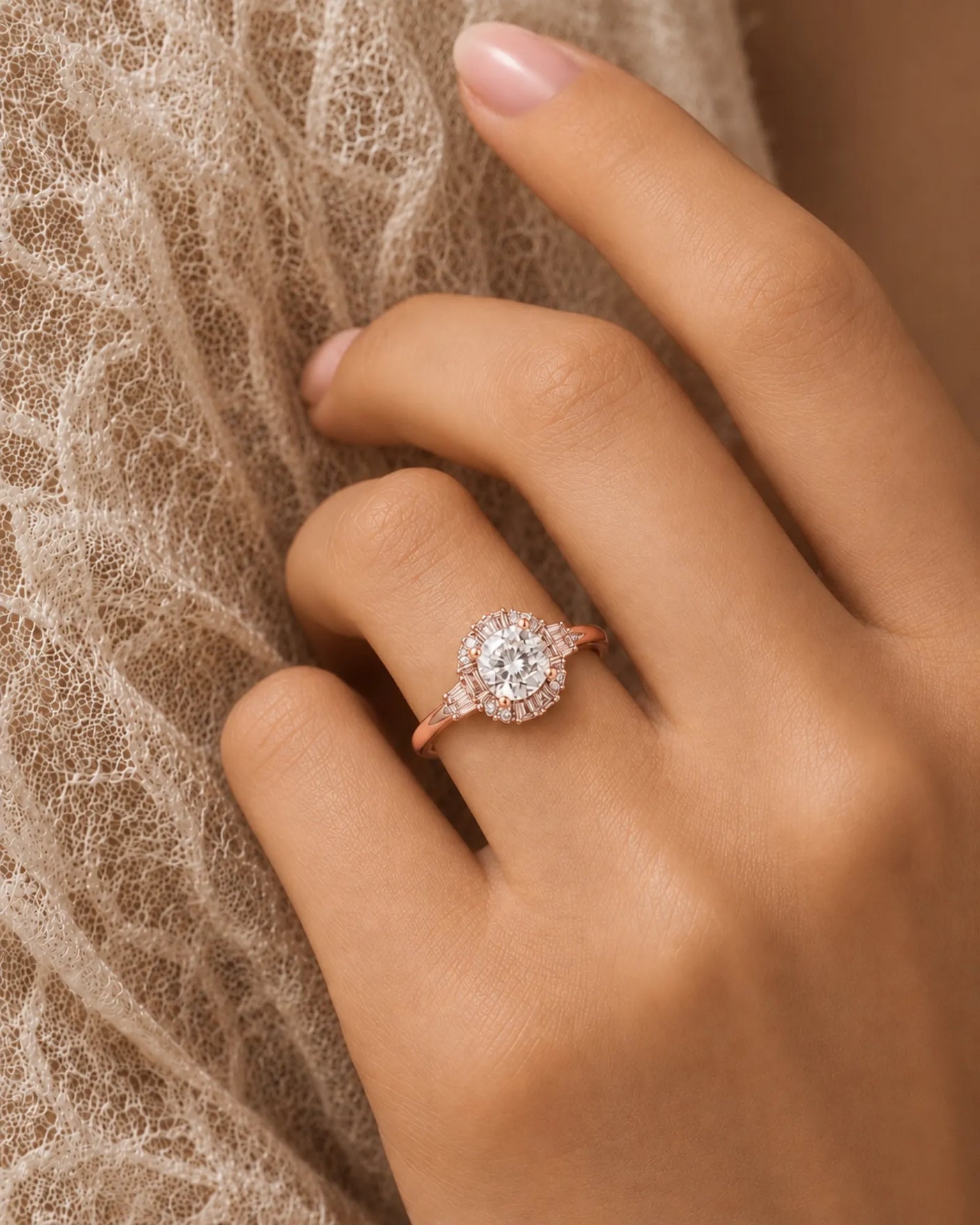 Cushion cut moissanite engagement ring with baguette halo and round accents crafted in platinum | SARATTI